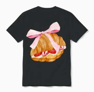 Strawberry Croissant with Pink Bow and Flirtatious T-Shirt, White, S Unisex T-Shirt - Black