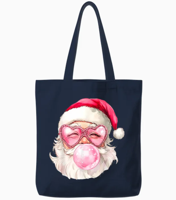 Vintage Retro Santa Christmas Bubble Gum Pink Sunglasses Tote Bags in Navy