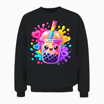 Niedliche Kawaii Boba Bubble Tea Lover Anime Herzen Unisex Sweatshirt - Black