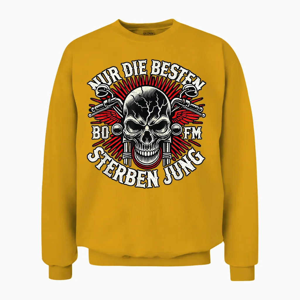 "nur Die Besten Die Jung" Biker Statement Rocker T-Shirt, Black Unisex Sweatshirt in Gold