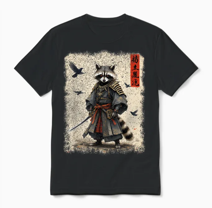 Samurai Raccoon, Japanese Warrior Art | Vintage Anime T-Shirt, Black, S Unisex T-Shirt in Black