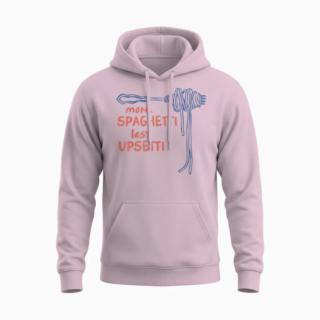 Spaghetti Graphic Funny Food Humour T-Shirt, White Unisex Hoodie in Light Pink