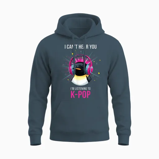 Pingouin Casque Kpop Fan Funny Music Lover Unisex Hoodie in Dark Heather