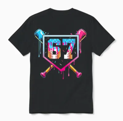 Baseball Ice Cream Drip Number 67 Player 67th Birthday Unisex T-Shirt - Black