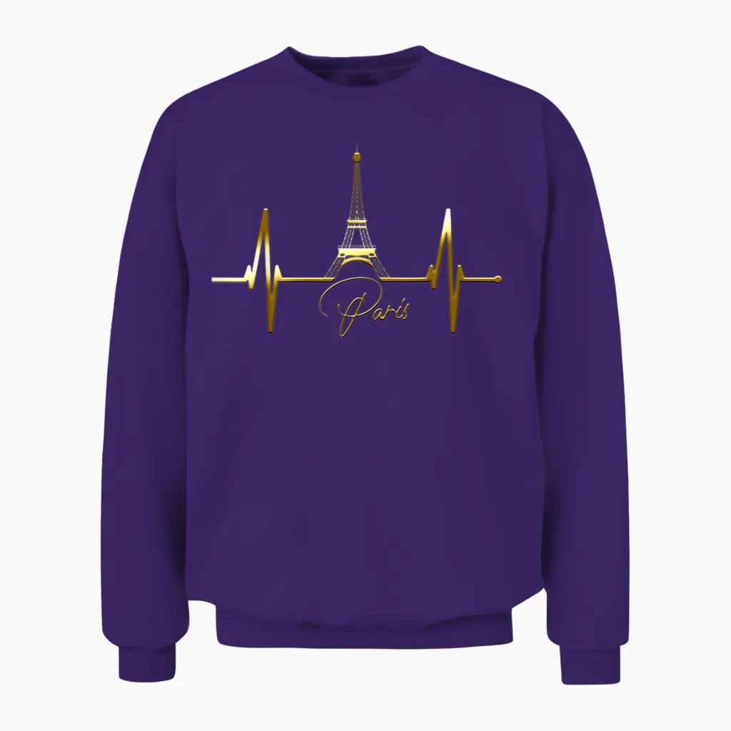 Paris Skyline Heartbeat I Love Eiffel Tower Love France T-Shirt, Black Unisex Sweatshirt in Purple