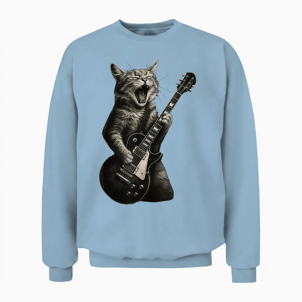 Cat Playing Guitar Rock Funny Unisex Sweatshirt in Light Blue