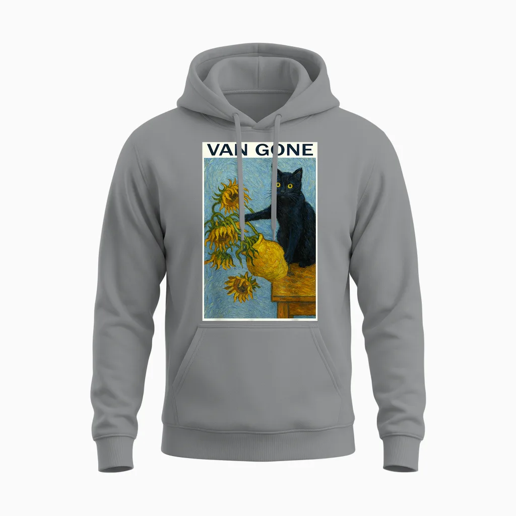 Van Gogh Black Cat with Sunflowers Funny Cat T-Shirt, Black, S Unisex Hoodie in Sport Grey