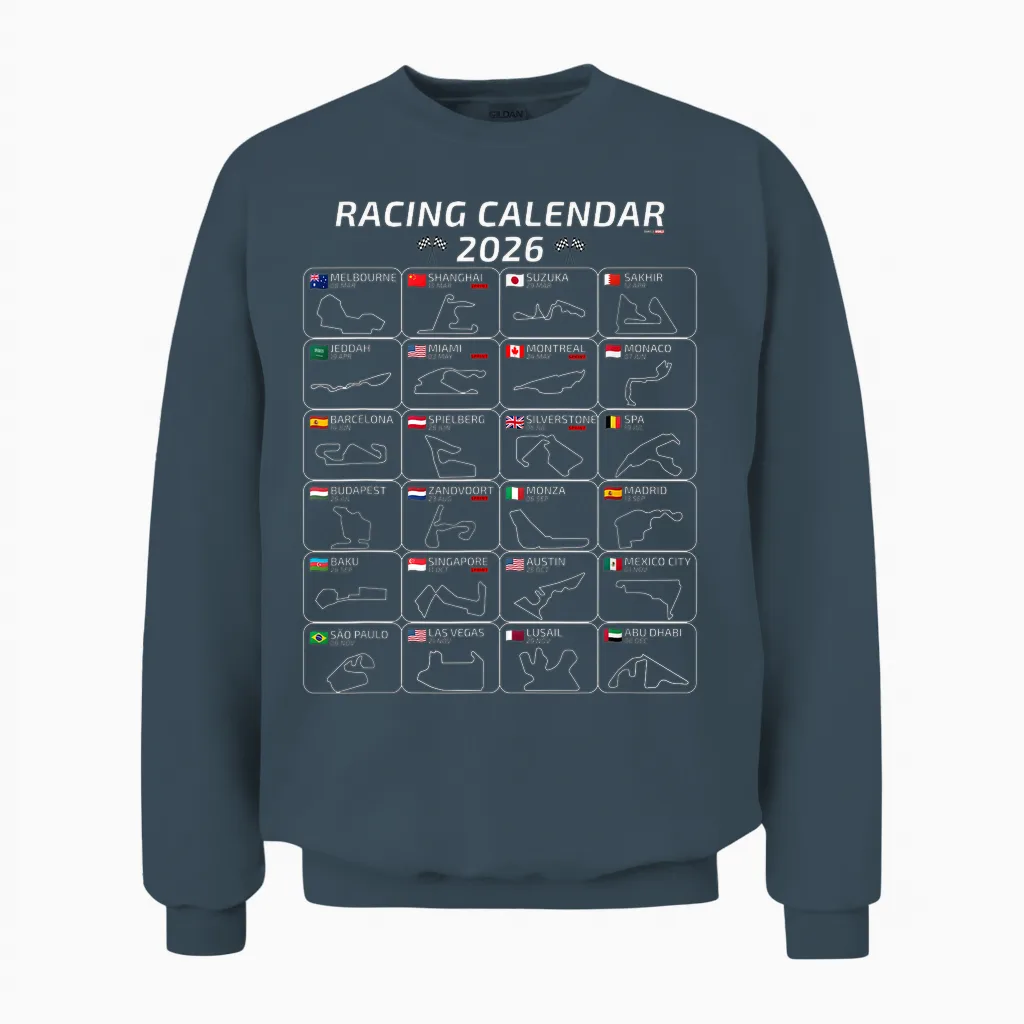 Racing Calendar 2026 All 24 Races and Tracks of the Season Unisex Sweatshirt in Dark Heather