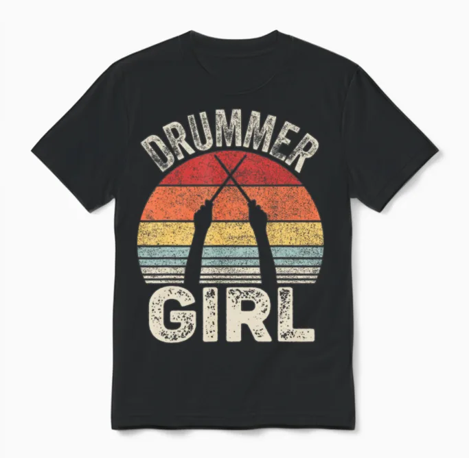Vintage Retro Drummer Girl - Drums Unisex T-Shirt - Black