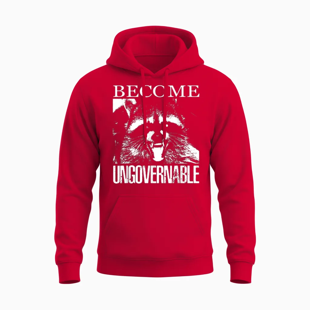 Funny Raccoon T-Shirt Become Ungovernable Raccoon Unisex Hoodie in Red