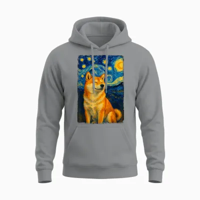 Shiba Inu Under Starry Sky Art Dog Aesthetic Unisex Hoodie - Sport Grey