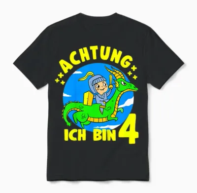 Kinder Drache & Ritter Geburtstagshirt Achtung 4 Jahre Junge Unisex T-Shirt - Black