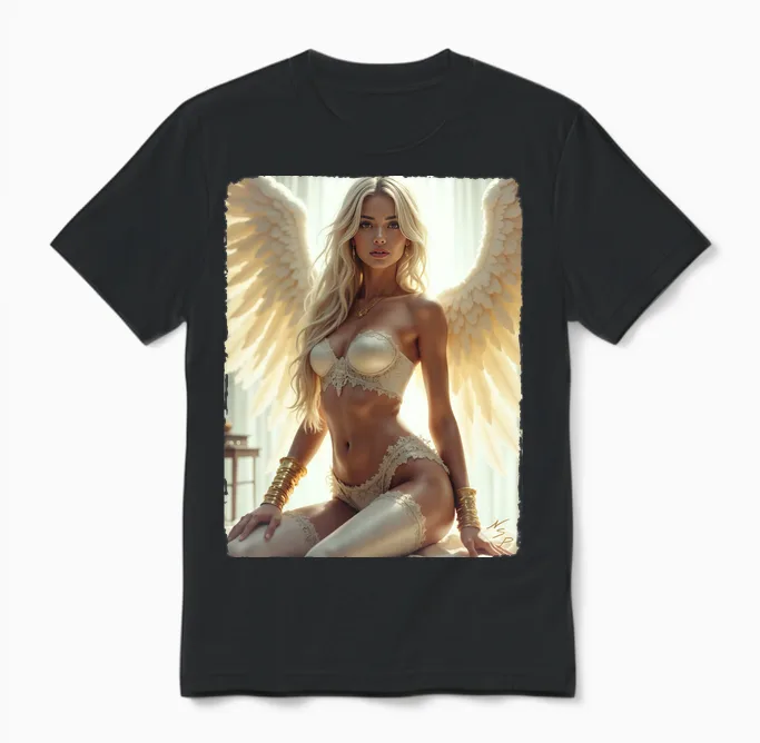 Sexy Brunette Angel Pinup Girl Long Sleeve Print Unisex T-Shirt in Black