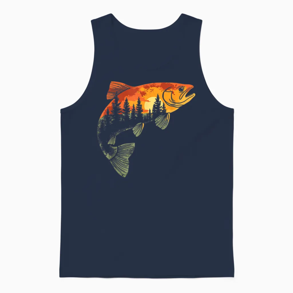 Fishing, Trout, Fly Fishing, Angler Fisherman, Nature Forest Unisex Tank Top in Navy