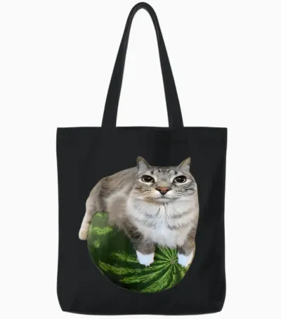 Watermelon Cat Silly Cat Meme Tote Bags - Black