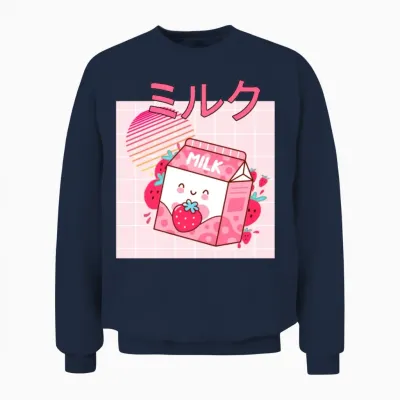 Retro 90s Japanese Kawaii Strawberry Milk Shake Unisex Sweatshirt - Navy