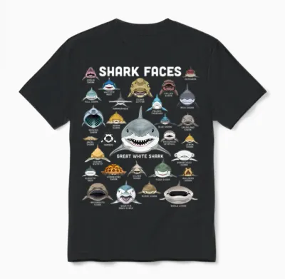 Shark Faces Shirt Types of Shark Funny Marine Biology Shark Unisex T-Shirt - Black