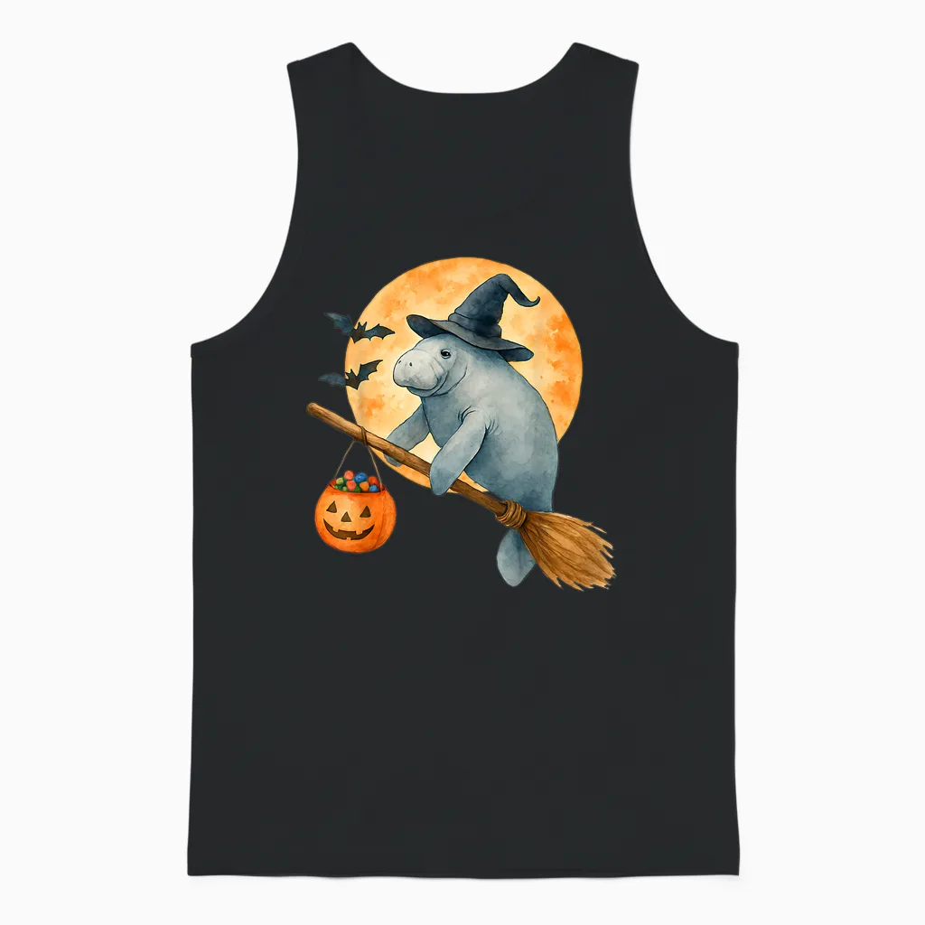 Manatee Witch Hat Pumpkin Halloween Costume Men Women Unisex Tank Top in Black