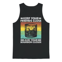 Keep Friends Close Bourbon Closer Funny Whiskey Unisex Tank Top - Black – 1