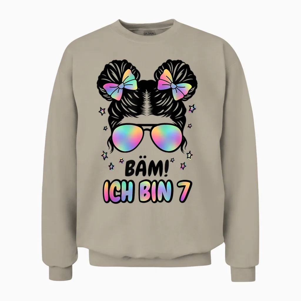 7. Geburtstag Mädchen Messy Bun Bäm! Ich Bin Sieben Unisex Sweatshirt in Sand