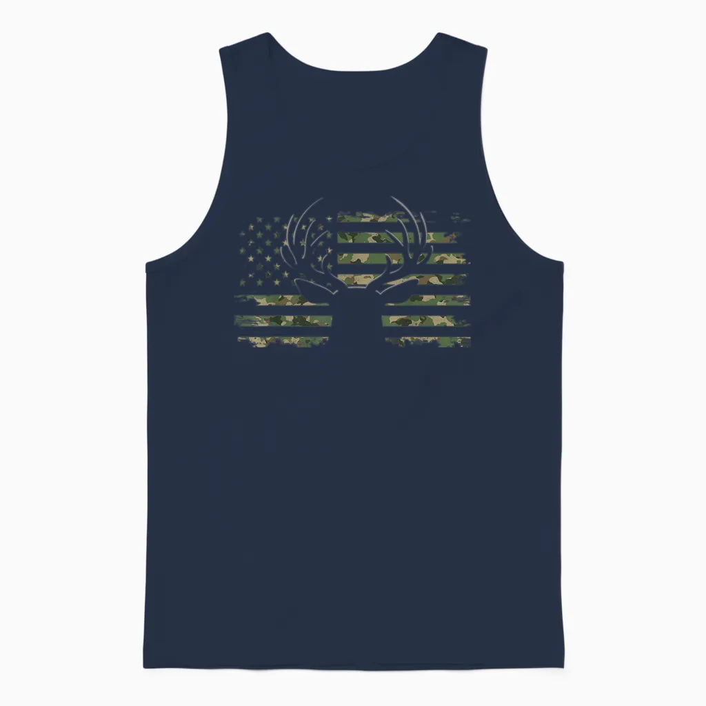 American Flag Camouflage Outdoor Antlers Deer T-Shirt Small Unisex Tank Top in Navy