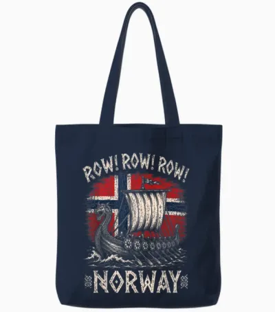 Row Row Row Norway Flag Funny Viking Longship Norse Uff Da Tote Bags - Navy