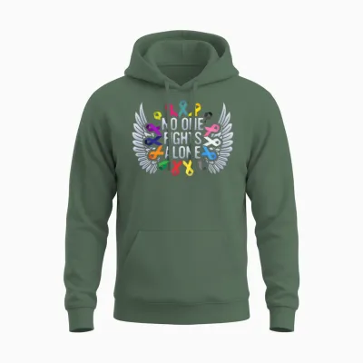 Multi Color Ribbon Cancer Awareness, No One Unisex Hoodie - Military Green