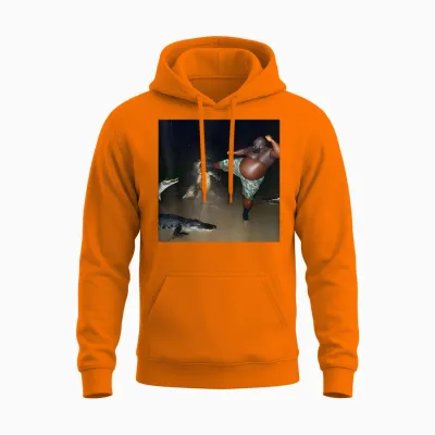 Man Kick Alligator in Swamp Funny Oddly Specific Meme Unisex Hoodie - Safety Orange