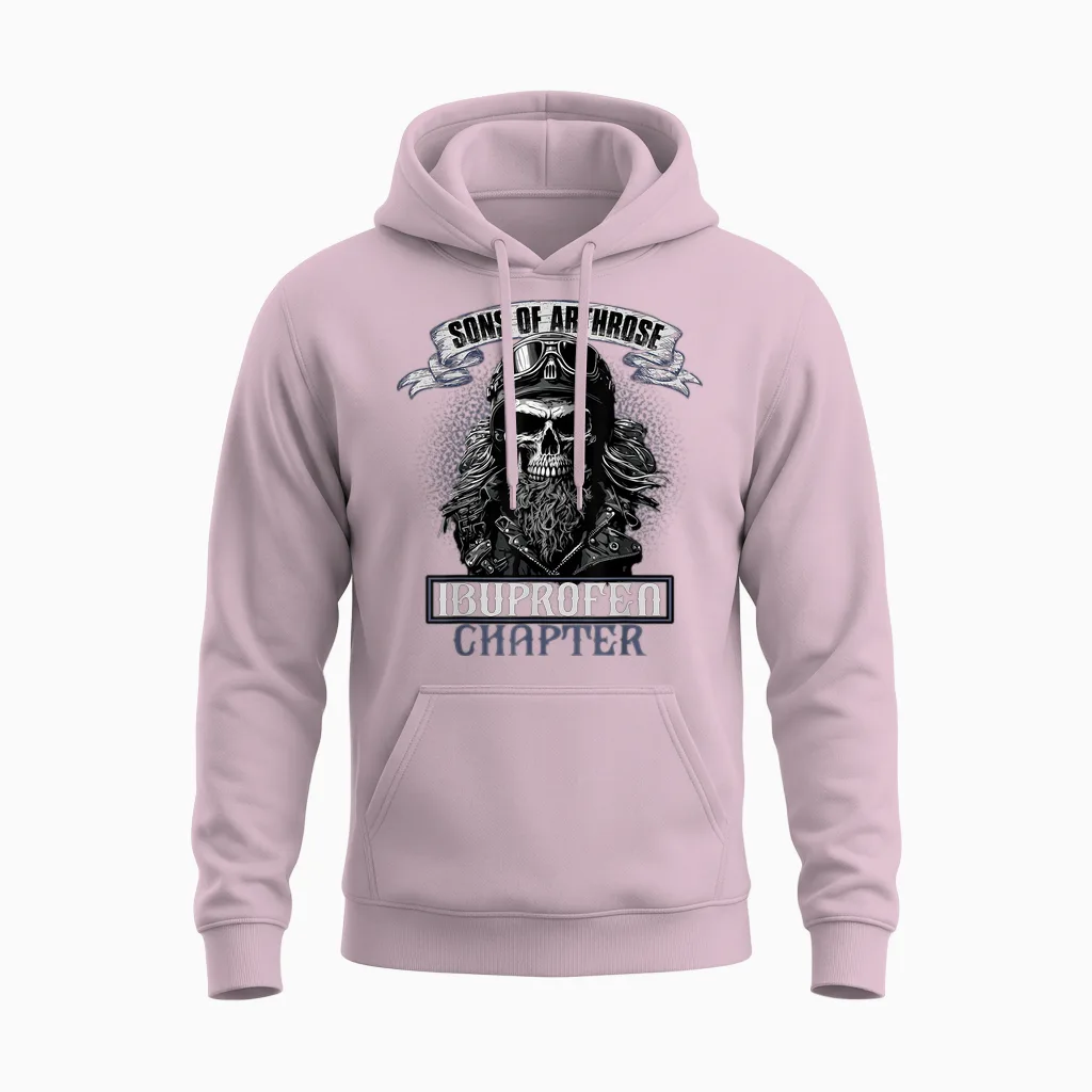Sons of Arthrosis Ibuprofen Chapter Biker Motorcyclist T-Shirt, Black Unisex Hoodie in Light Pink