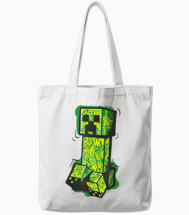Minecraft Creeper Street Graffiti Fill T-Shirt, Black Tote Bags in White
