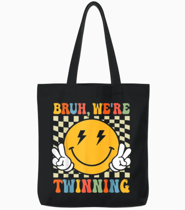 Bruh We're Twinning Retro Twin Day Spirit Week Boys Tote Bags in Black