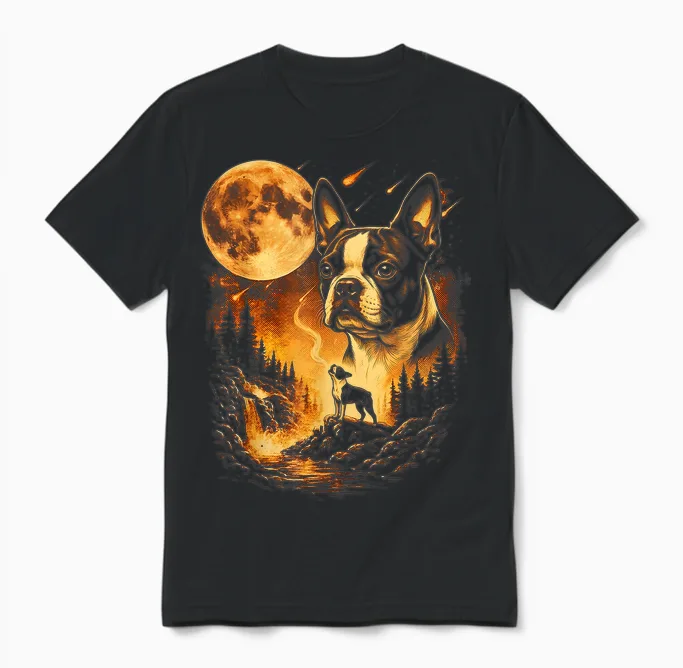 Boston Terrier Hurlant ร La Lune Chien Vintage Unisex T-Shirt in Black