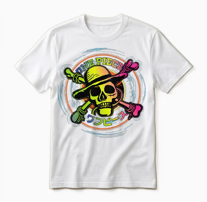 Children's One Piece Anime Straw Hat Pirates Color Logo Kanji Kids T-Shirt, Black, 2 Unisex T-Shirt in White