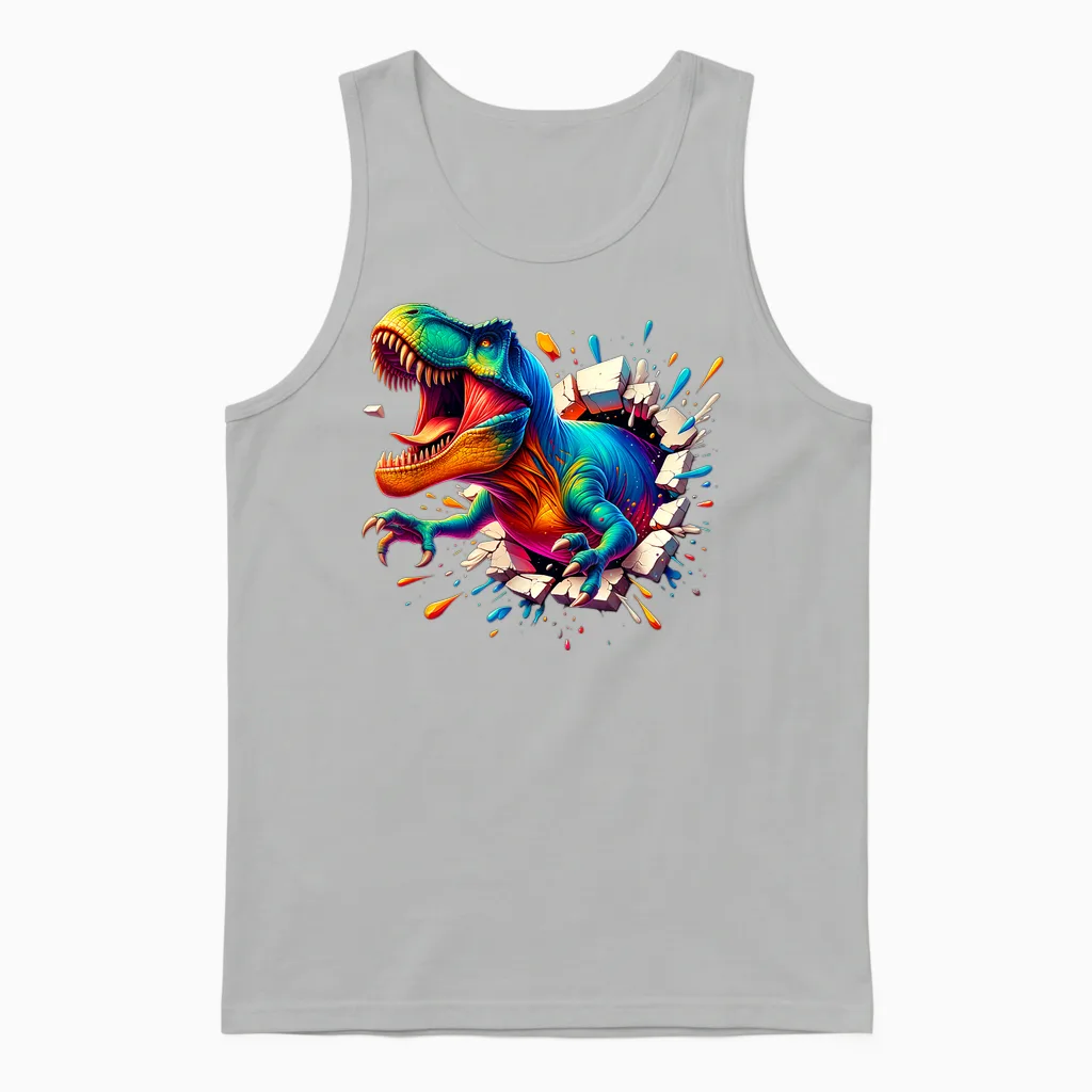 Colourful Dino Cool Tyrannosaurus Rex Dinosaur Unisex Tank Top in Ash