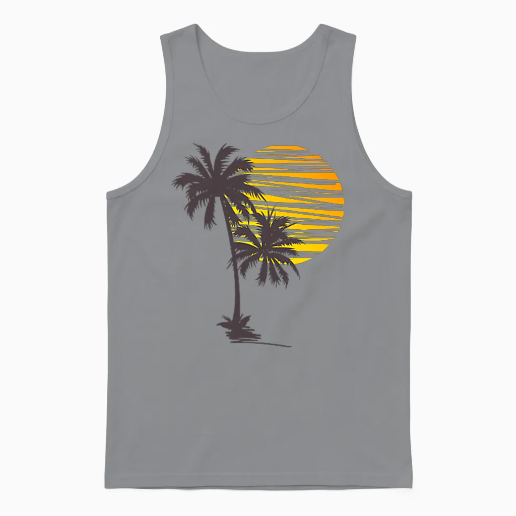 Cool Summer Vacation Men Women Sunset Beach Palm Tree Unisex Tank Top in Sport Grey