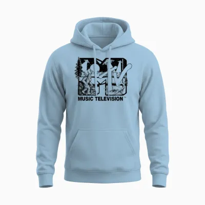 Mademark X Mtv - Cryptid-Filled Mtv Logo Feat. Bigfoot, Ufo, & Nessie Outline Unisex Hoodie - Light Blue