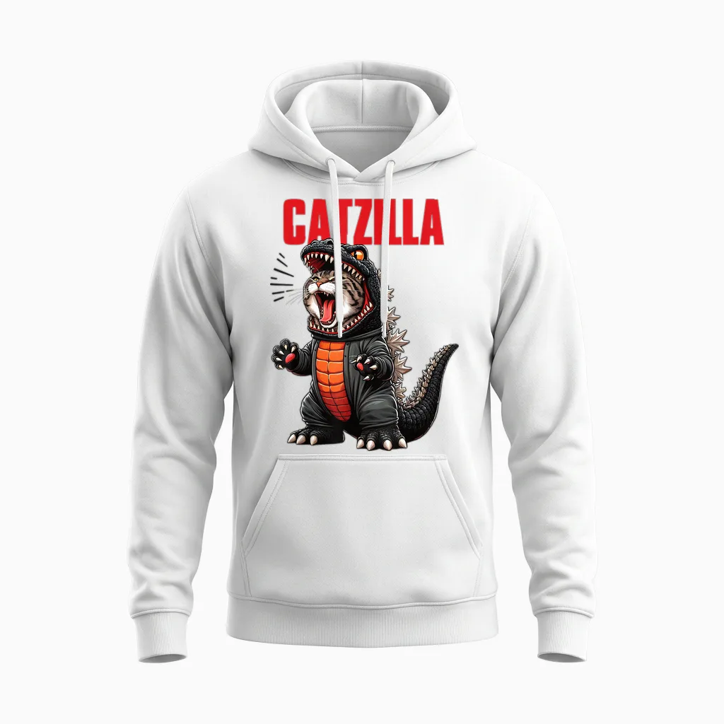 Cute Kitty Catzilla T-Shirt for Cat Moms & Dads Unisex Hoodie in White