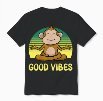 Meditating Monkey Retro Sunset Unisex T-Shirt - Black