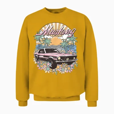 Ford – Vintage Pink Mustang Floral Beach Sunset Palm Trees T-Shirt, White, S Unisex Sweatshirt - Gold