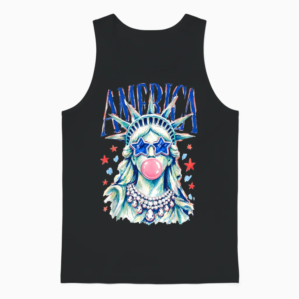 Brushstroke Statue of Liberty Blowing Bubble Gum 4th of July Unisex Tank Top in Black