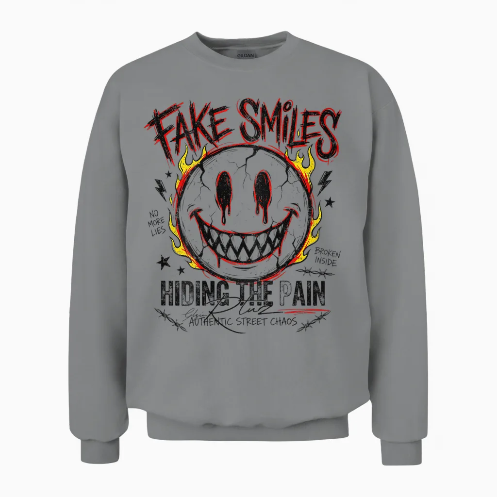 Backprint Streetwear Fashion Women's Men's Retro Smile Unisex Sweatshirt in Sport Grey
