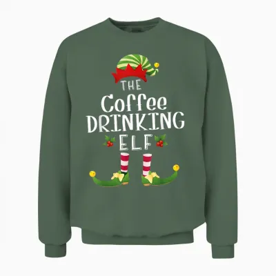 Coffee Drinking Christmas Elf Matching Pajama X-Mas Party Unisex Sweatshirt - Military Green