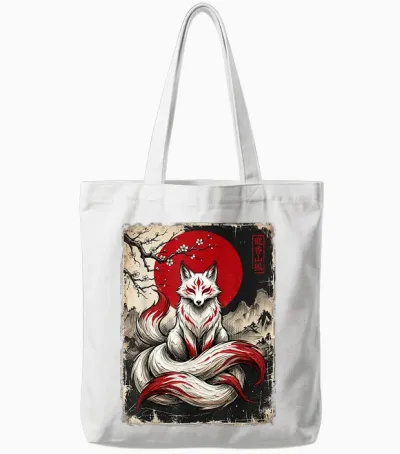 Kitsune Neunschwänziger Fuchs Japanische Mythologie Tote Bags - White