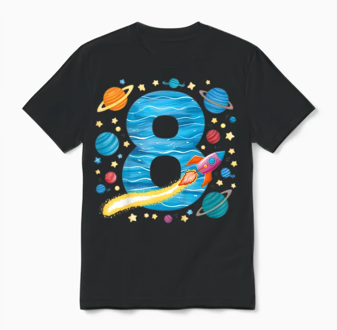 8. Geburtstag Jungen 8 Jahre Planeten Weltraum Geburtstags Unisex T-Shirt in Black