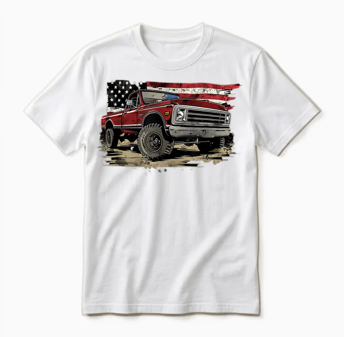 Vintage Pickup Truck with Flag Patriotic Style Women Girls Kids Men Unisex T-Shirt in White