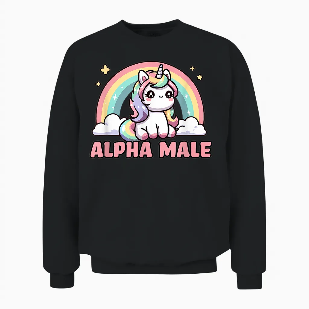 Funny Ironic Men Cute Alpha Male Unicorn T-Shirt, Black, S Unisex Sweatshirt in Black