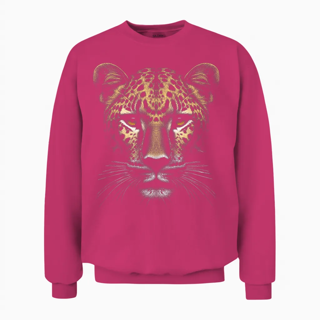 Leopard Head as Cool Portrait in Realistic Drawing Style T-Shirt, Black Unisex Sweatshirt in Heliconia