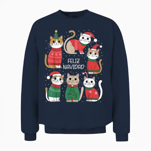 Feliz Navidad Spanish Cats Holiday Kittens T-Shirt, Black, S Unisex Sweatshirt - Navy