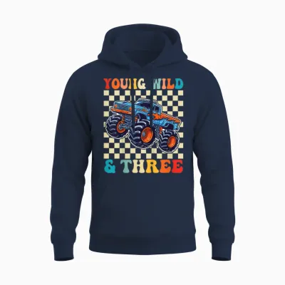 3rd Birthday Monster Truck Young Wild and Three 3 Year Old Unisex Hoodie - Navy