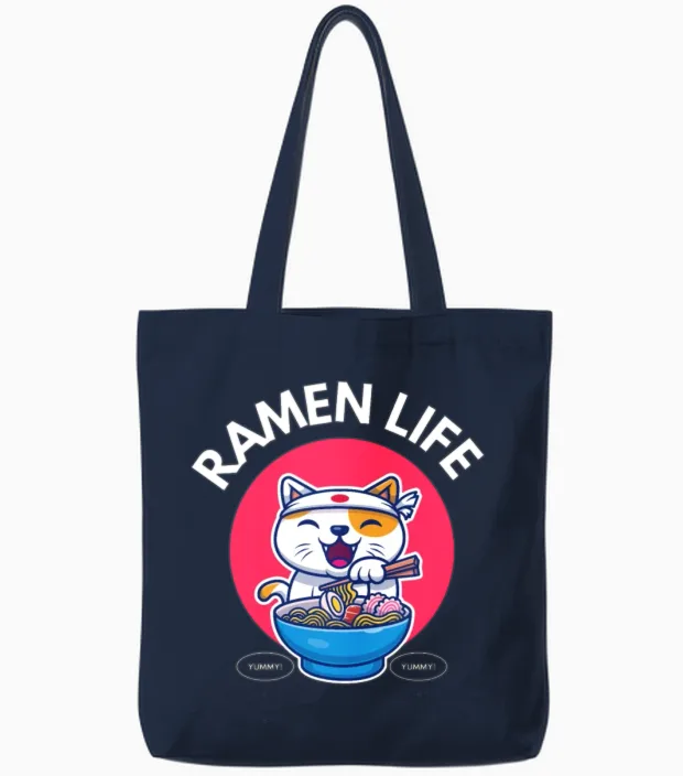 Ramen Life Cat Eat Lovers Gift Tote Bags in Navy